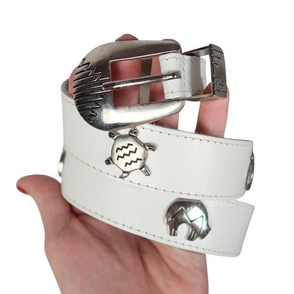 Vintage 80s White Leather Southwestern Animal Stud Waist Belt L